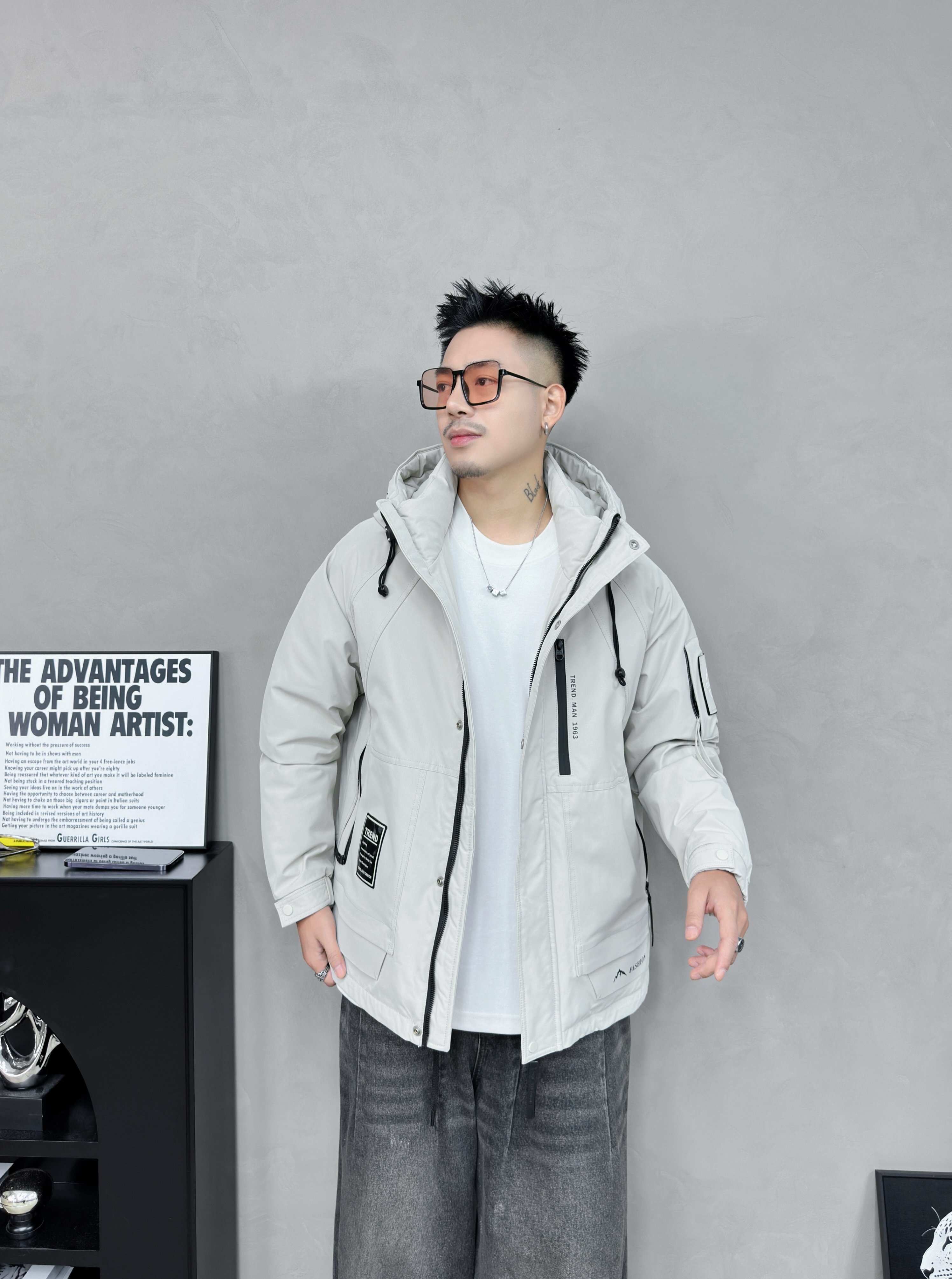 男士2025时尚休闲纯色保暖螺纹一等品连帽韩版立领加厚男装潮流