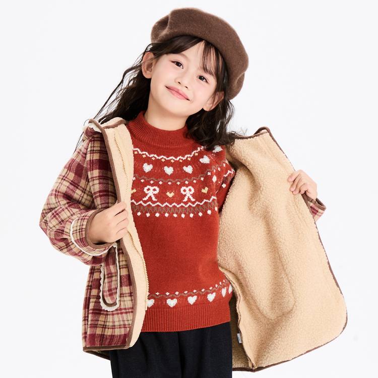 多多一上女小童25初冬格子呢大衣仿羊羔棉衣（90-140）2550A43X