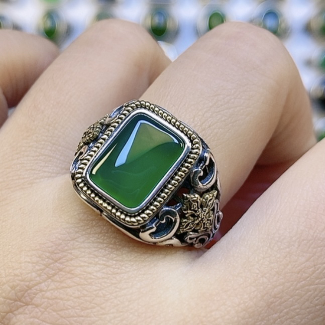 S925银天然绿玉髓休闲复古双色戒
