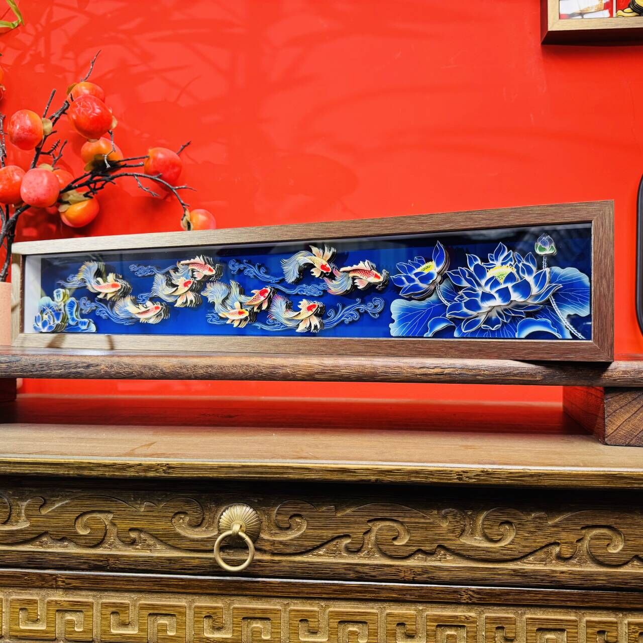 沝森光影九鱼莲花图剪纸3D立体挂画办公室桌摆柜家品礼物手工