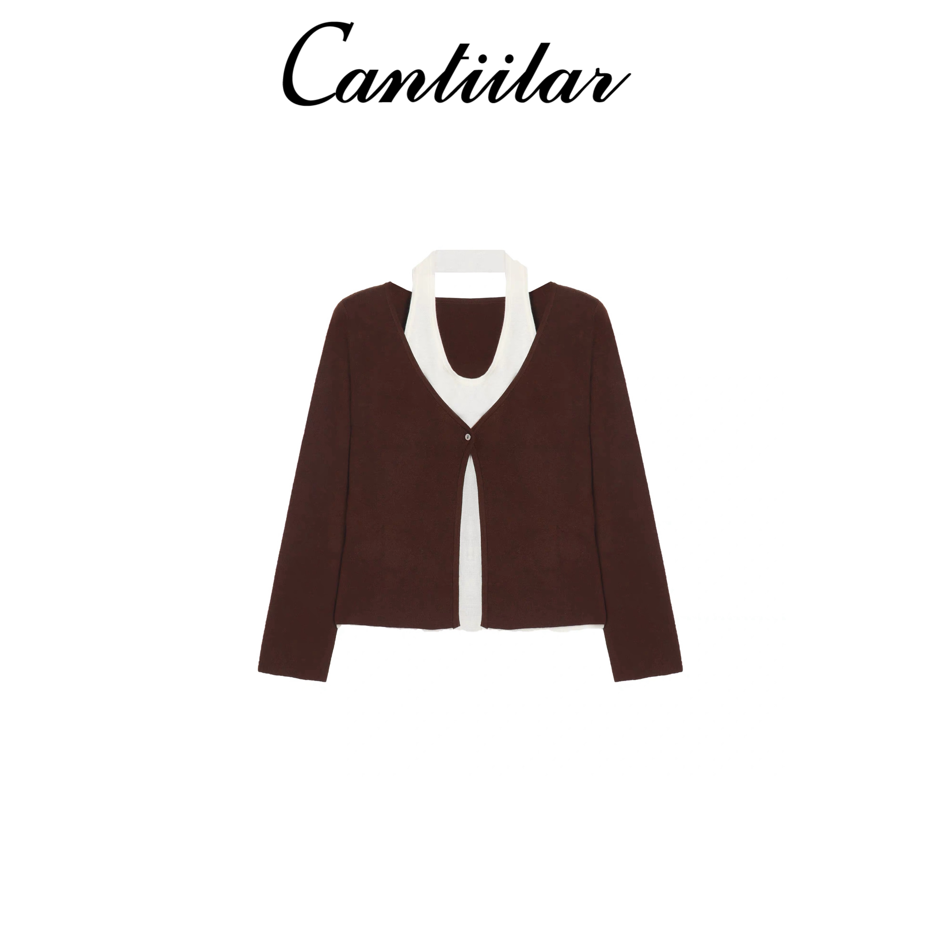 CANTIILAR 挂脖假两件撞色棉羊毛针织衫 69012