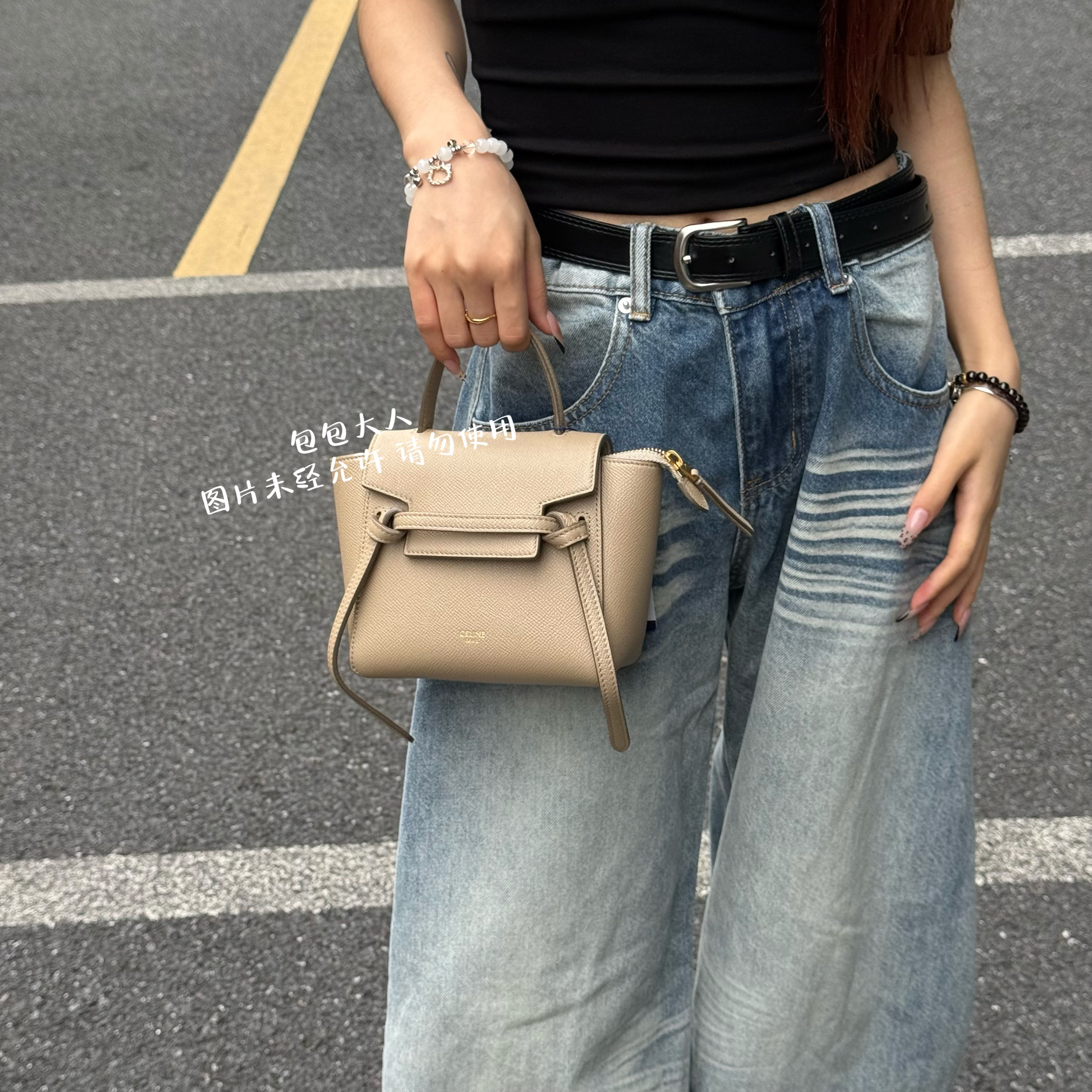 99新 Celine/思琳 奶茶色全皮荔枝纹Pico单肩包