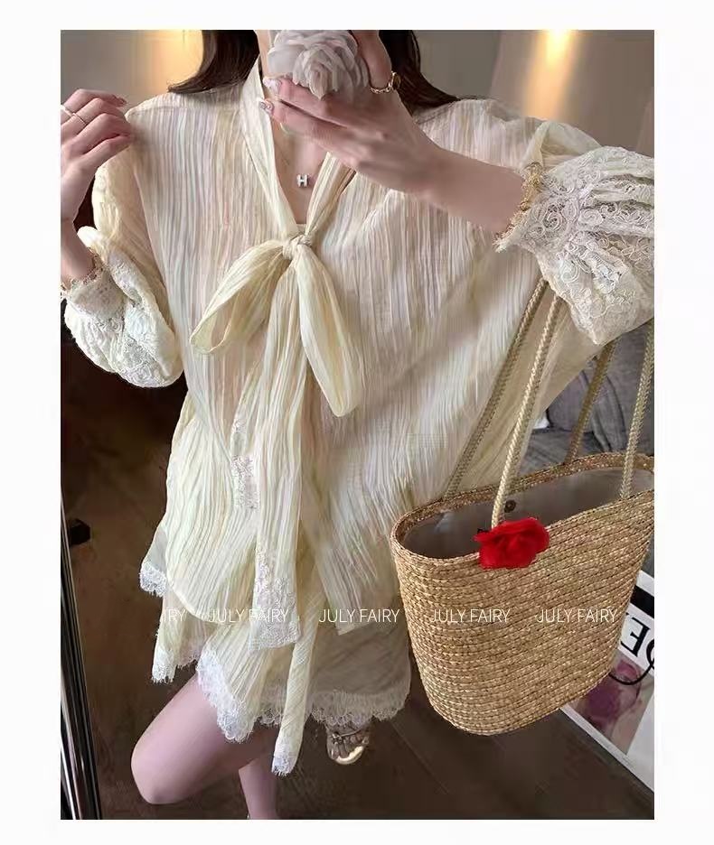 莫奈花园~轻奢设计感拼接宽松衬衫+甜美半身裙减龄套装