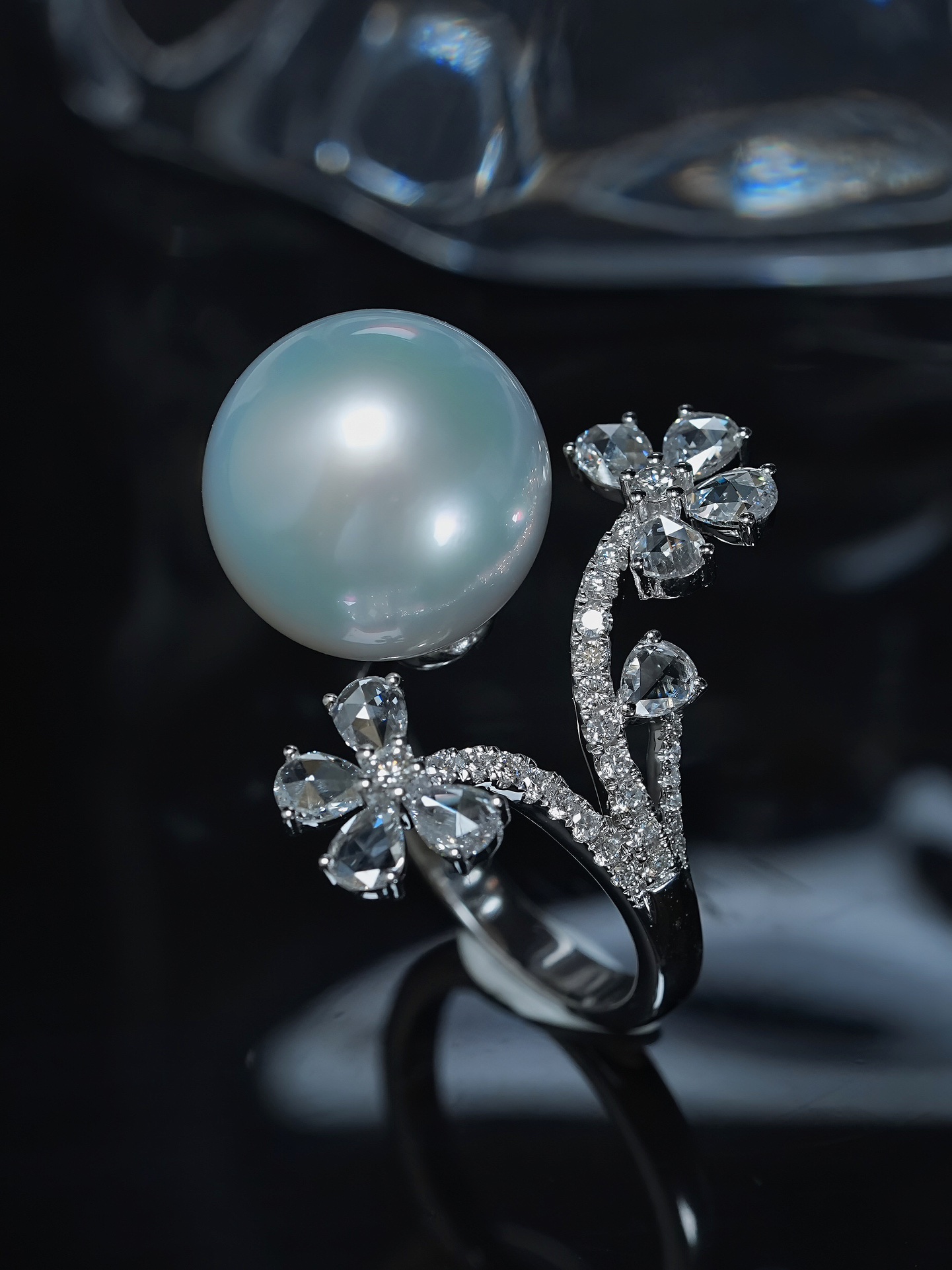 美珍真 18K金镶嵌钻石 澳白珍珠戒指 海水珍珠 13.8mm 陌上花开款