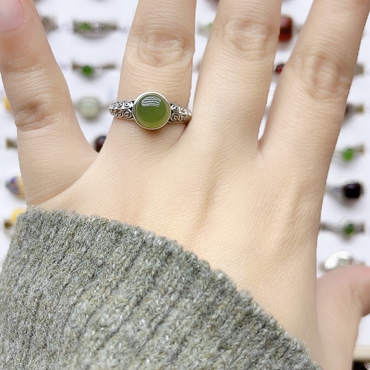 和田玉戒指银S925镶嵌天然