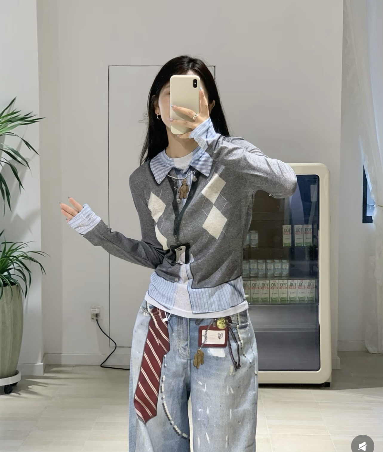 现货【天使】25早秋设计师假两件印花工牌菱形格打底衫