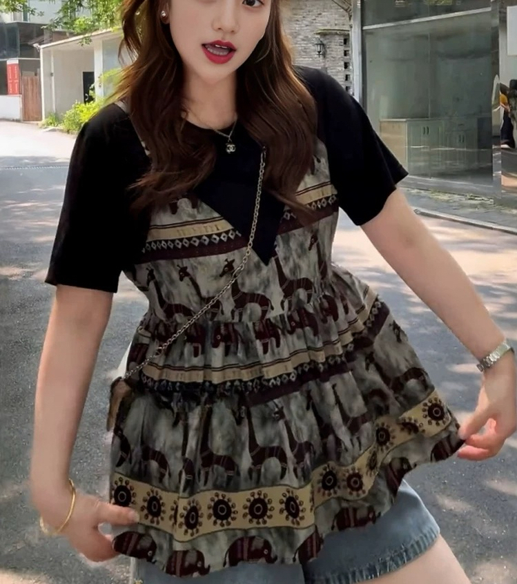 小爽家^_^夏季大码胖mm拼接法式碎花宽松版型收腰显瘦假两件上衣