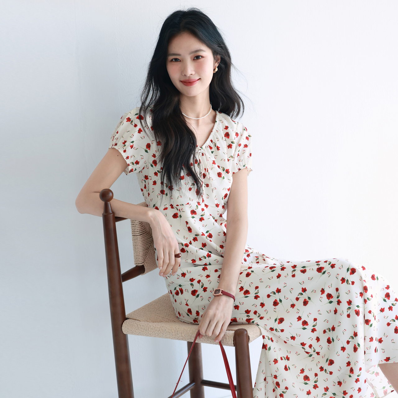 【商场同款】伊芙丽V领高腰线长款碎花连衣裙女茶歇裙子1G4993231