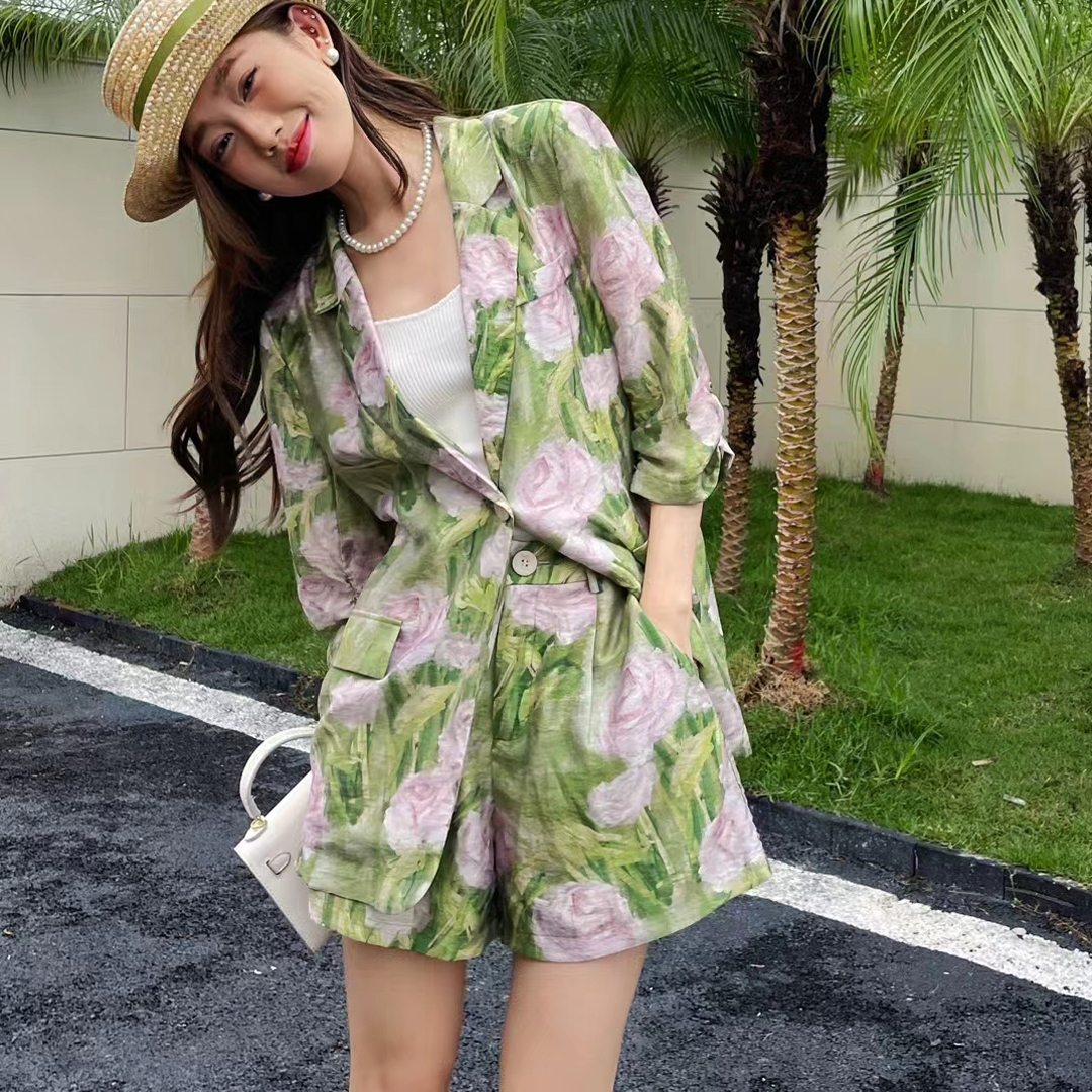 0420春夏时尚女短裤女装套装提花防晒百搭气质宽松短袖春日松弛感