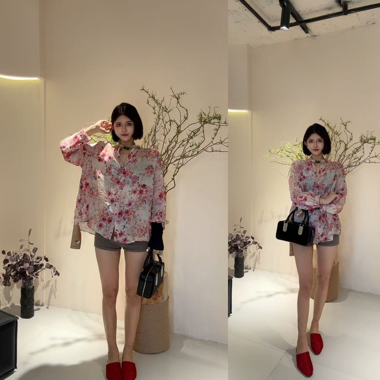 深圳南油高端女装2025款别致设计感碎花泡泡袖宽松均码长袖衬衫
