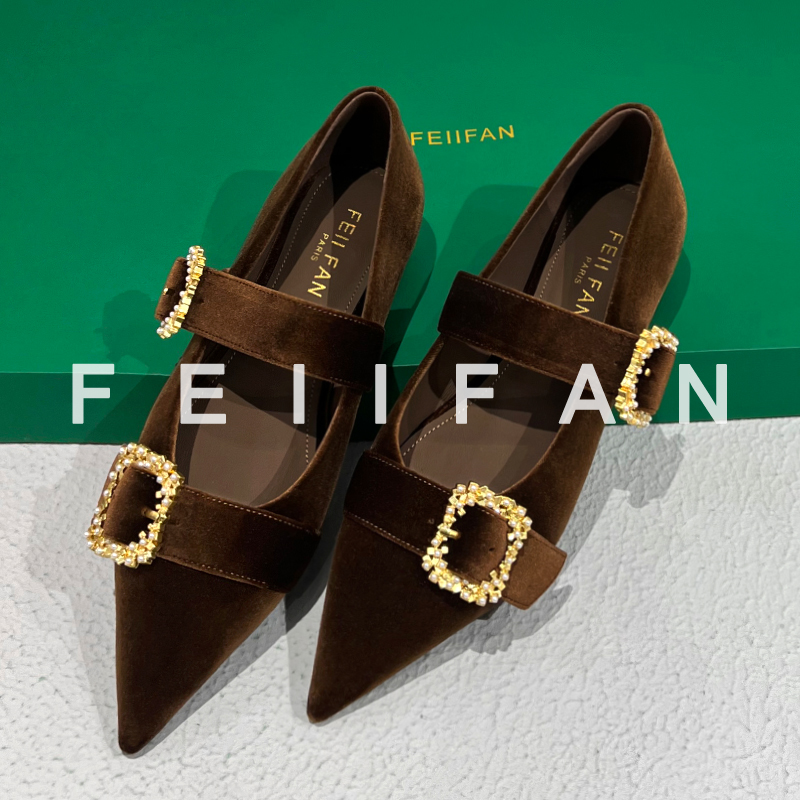 【现货】平底单鞋女2025秋冬新款金属方扣法式绝美尖头休闲鞋子6622