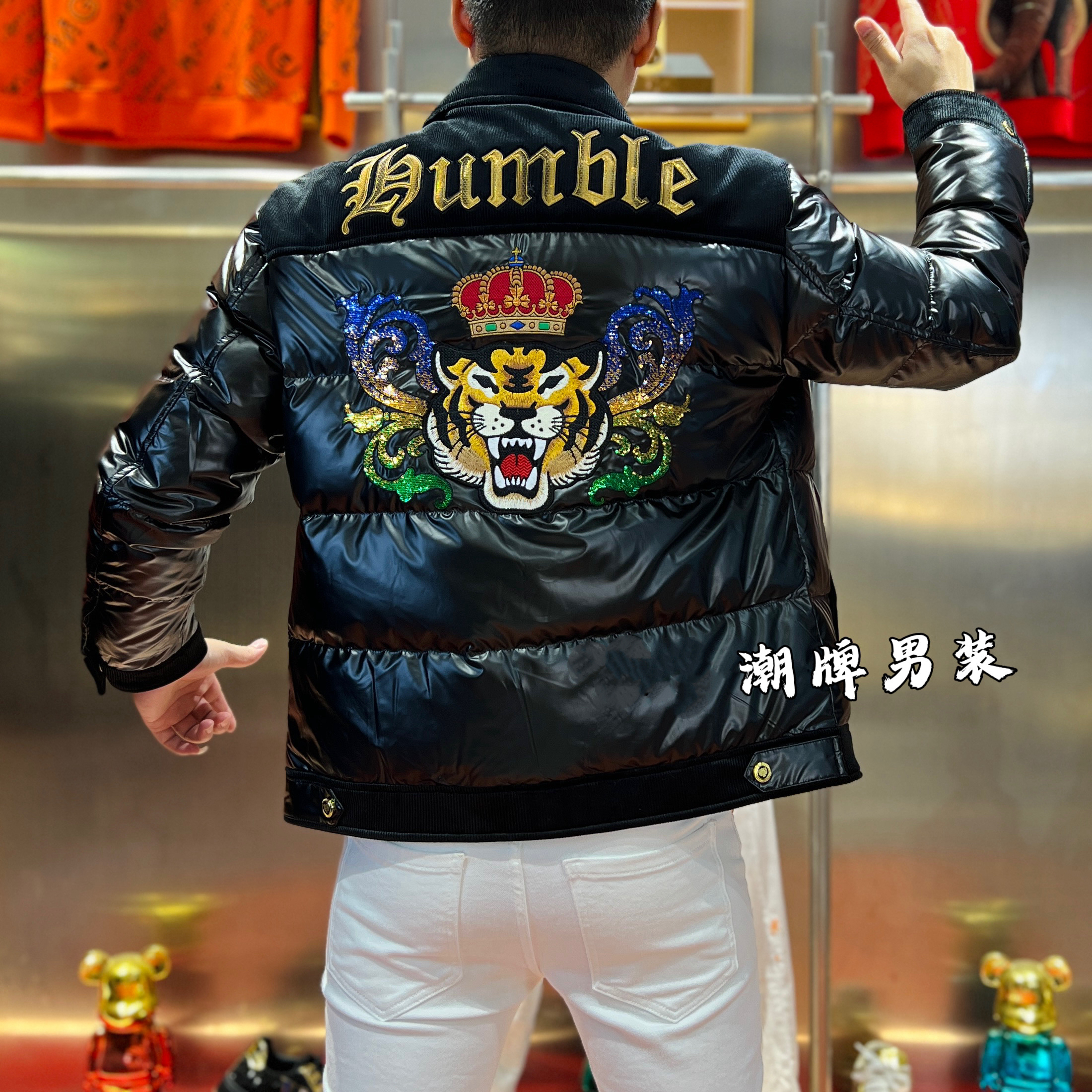 冬季新款男士重工时尚潮流百搭刺绣字母虎头修身翻领夹克羽绒服潮