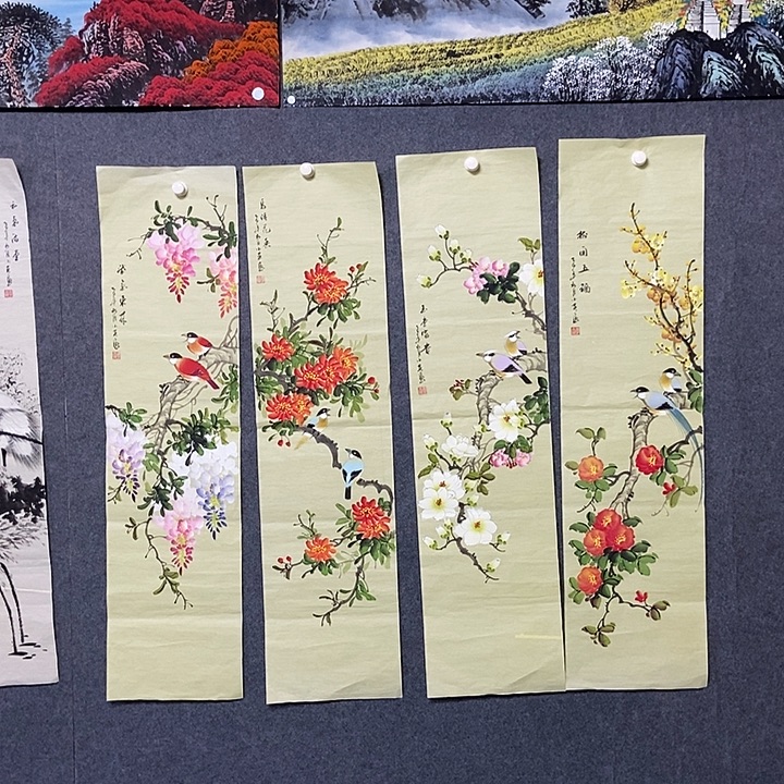 国画四条屏花鸟一副