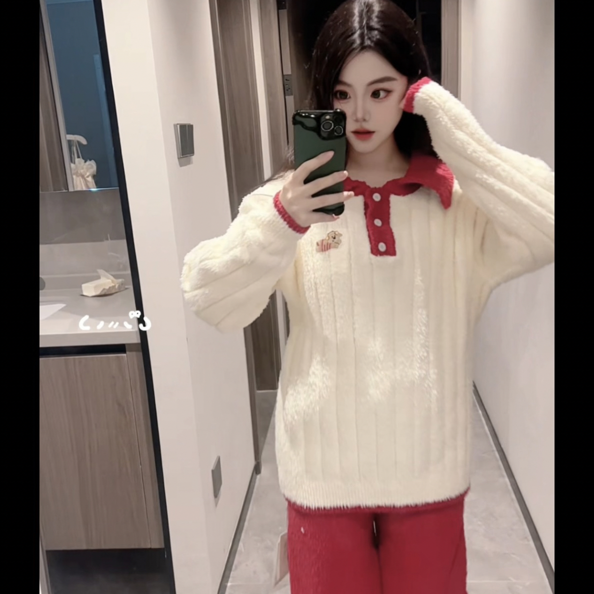 半边绒红色坑条纹小狗睡衣冬季加厚保暖可外穿家居服（有口袋）LXC