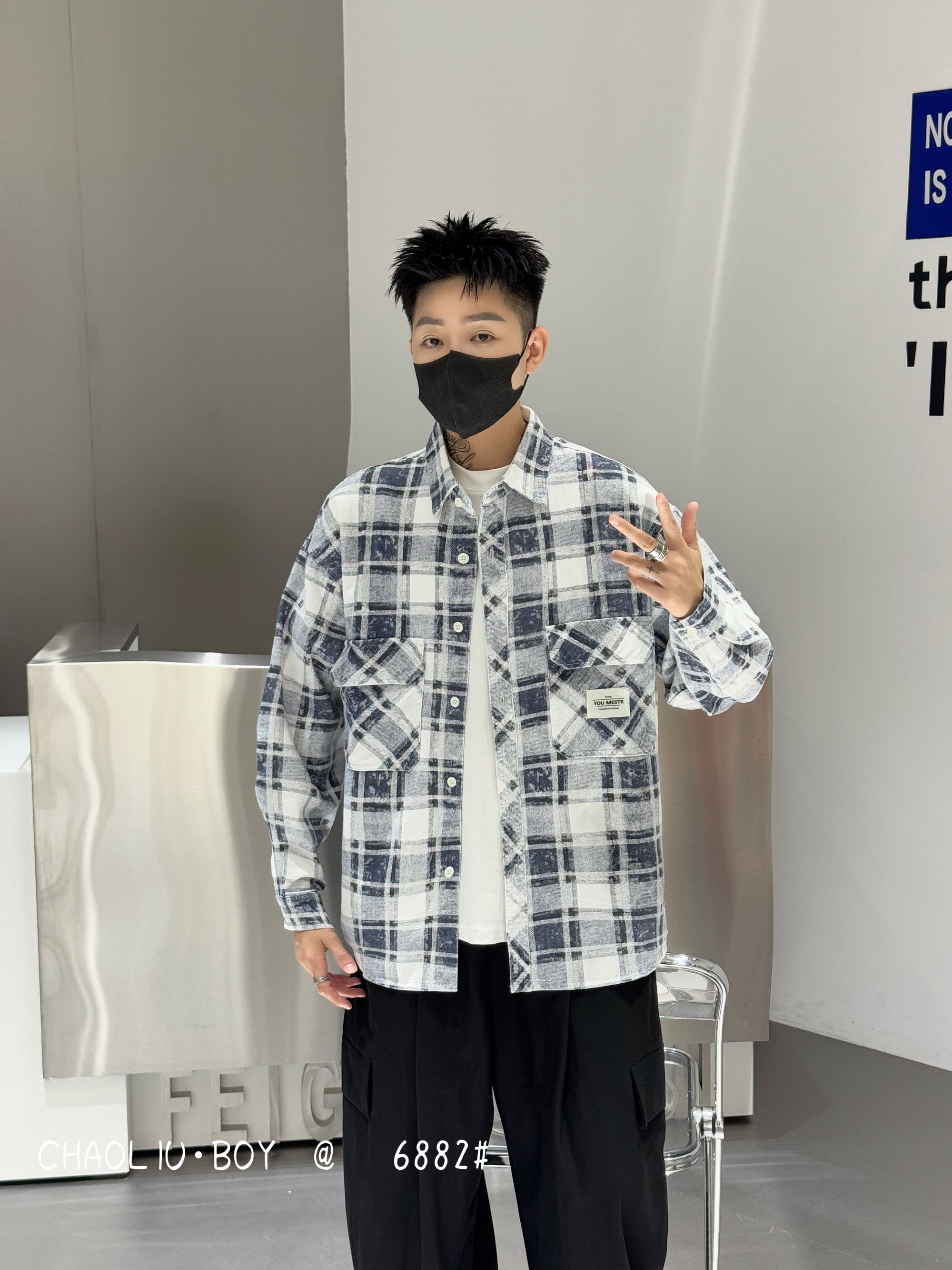秋季美式复古水洗风潮流时尚「格子扎染印花」长袖衬衫6882