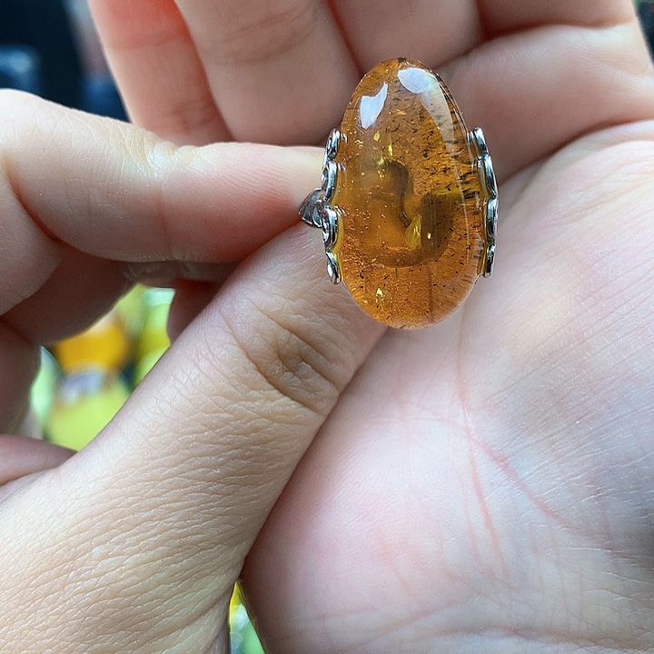 琥珀裸石银S925镶嵌戒指