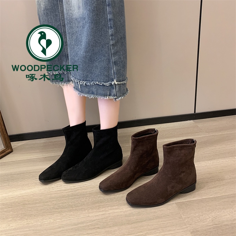 啄木鸟高级感复古洋气小短靴女2025秋冬粗跟瘦瘦靴法式绒面小踝靴