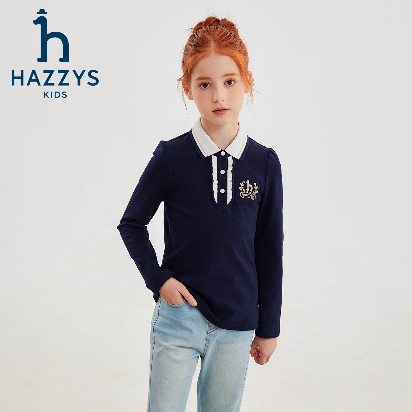 Hazzys/哈吉斯品牌童装女童秋新款polo衫长袖学院风百搭翻领秋季