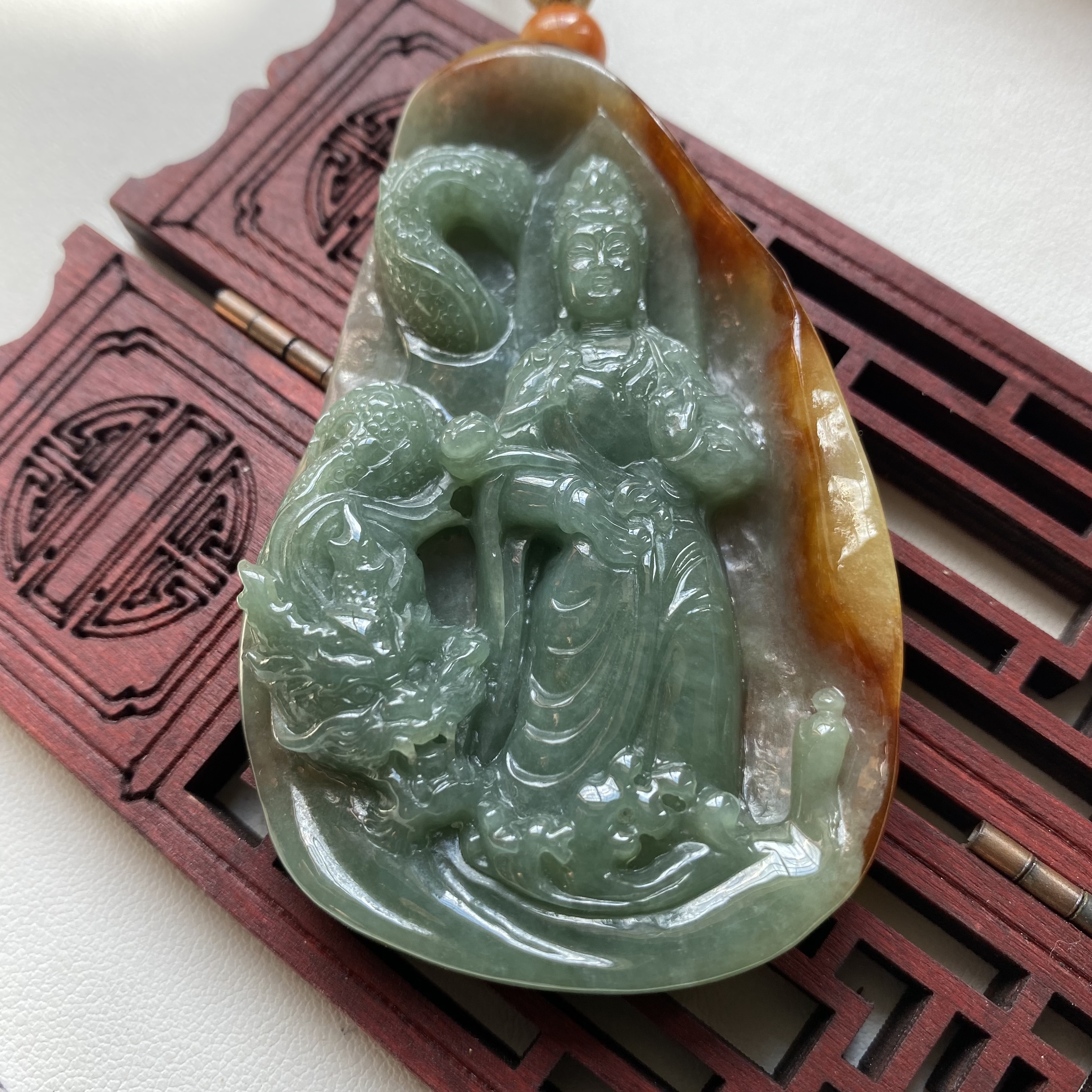 天然缅甸翡翠玉龙观音特色翡翠冰种双彩精雕普贤观音菩萨玉石