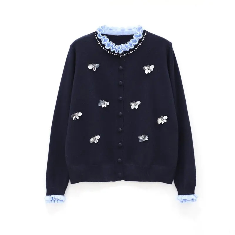 蝶恋花闪闪亮片荷叶边针织开衫长袖百搭羊毛衫ly10292