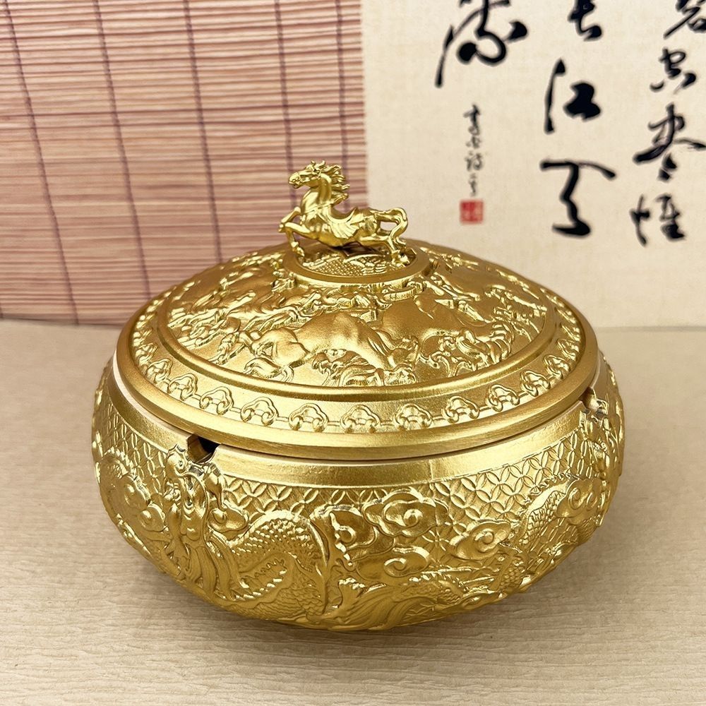 大号铜质龙马精神烟灰缸摆件家用客厅黄铜高档有带盖烟缸办公室