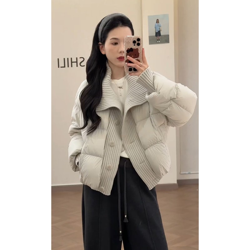 2025年秋冬季新款韩系氛围感绝美翻领针织拼接保暖棉衣棉服外套女