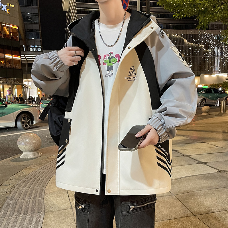 潮牌男士外套春秋季连帽宽松青少年初高中学生夹克工装休闲上衣服