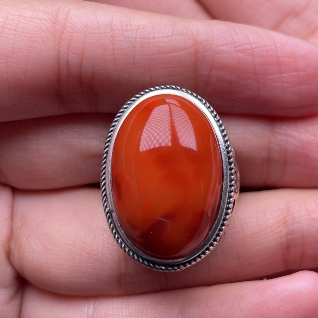 南红玛瑙银S925镶嵌珠宝奇石戒指