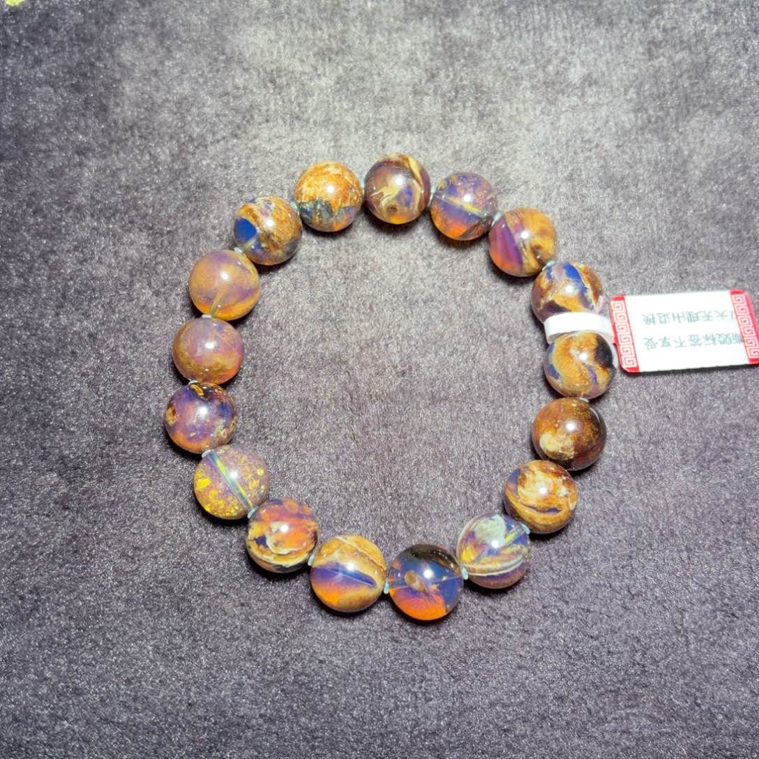 琥珀未镶嵌珠宝奇石12mm紫茶金丝溶洞单圈