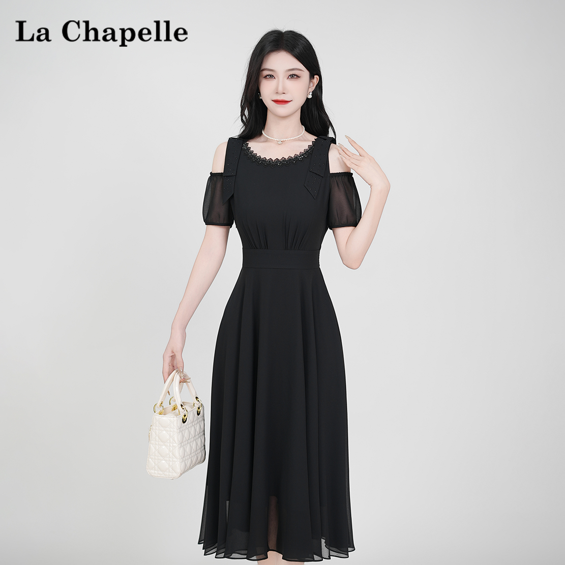 【拉夏贝尔】夏季法式设计感显瘦松紧腰显瘦短袖连衣裙