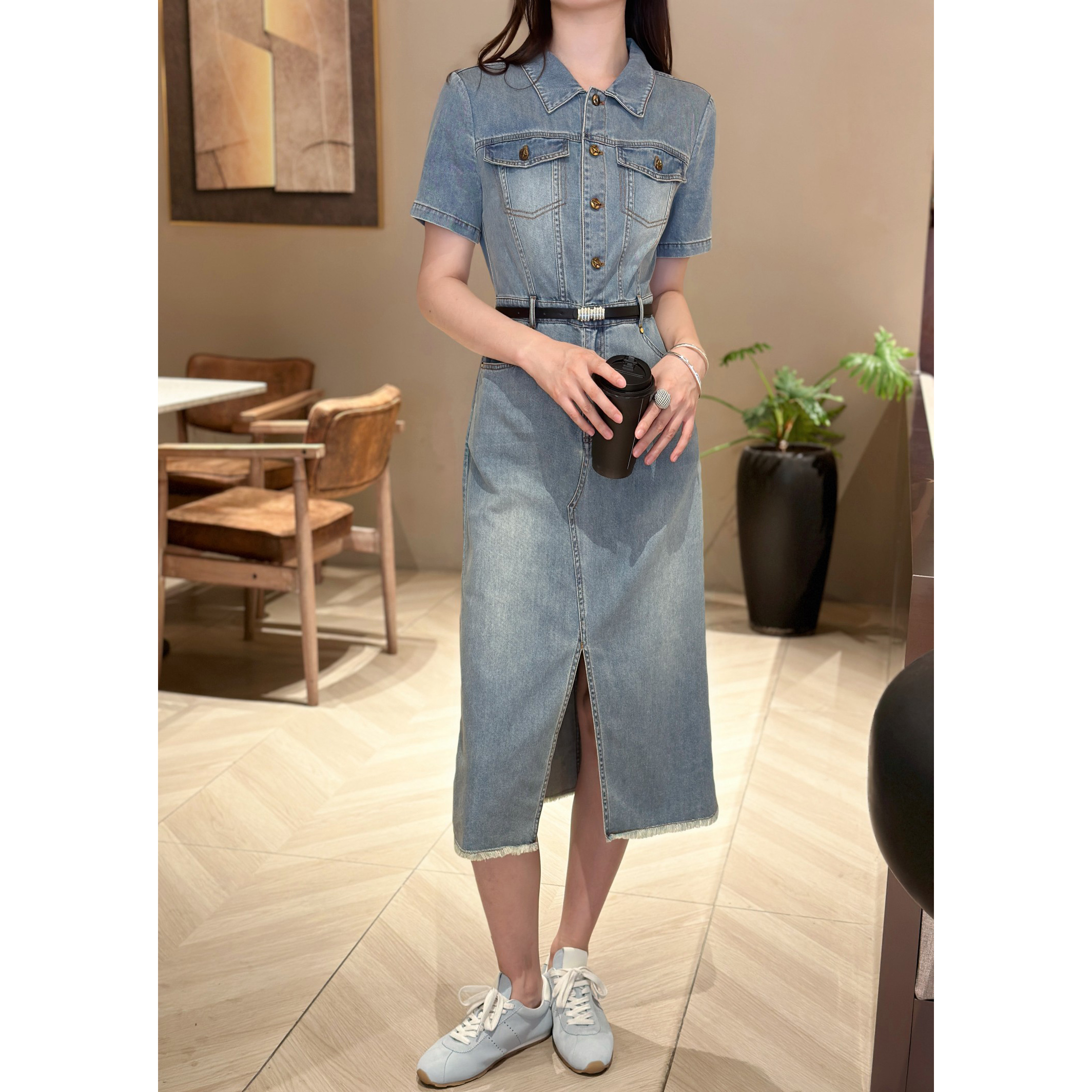 特！版衣  短袖腰带蓝色牛仔裙 款号YP9527