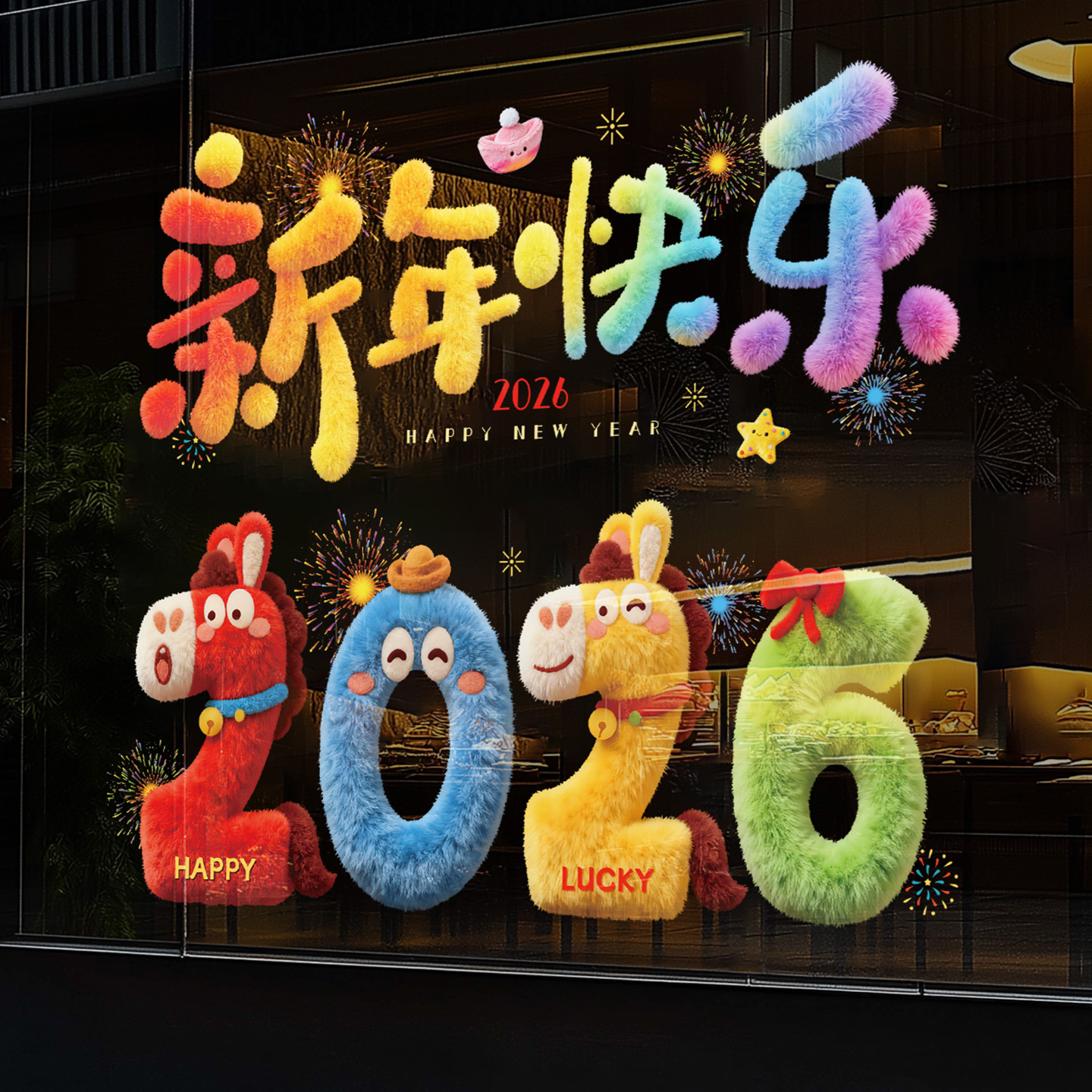 毛绒立体感玻璃贴2026新年快乐玻璃贴马年春节装饰用品过年静电贴