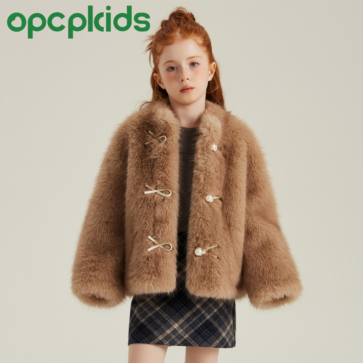 OPCP儿童仿狐狸毛外套秋冬新款女童轻奢短款开衫毛毛大衣OP2505H
