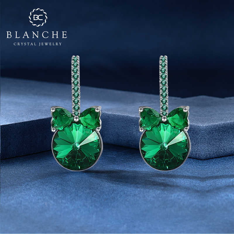 铜合金仿水晶耳饰 蝴蝶结绿水晶耳环高级感耳坠轻奢礼仪耳钉3321