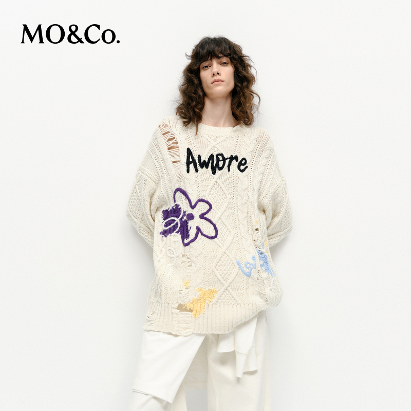 【赵老板专属】MOCO毛衣2025春涂鸦漏针破洞绵羊毛粗纺MBE1SWT043