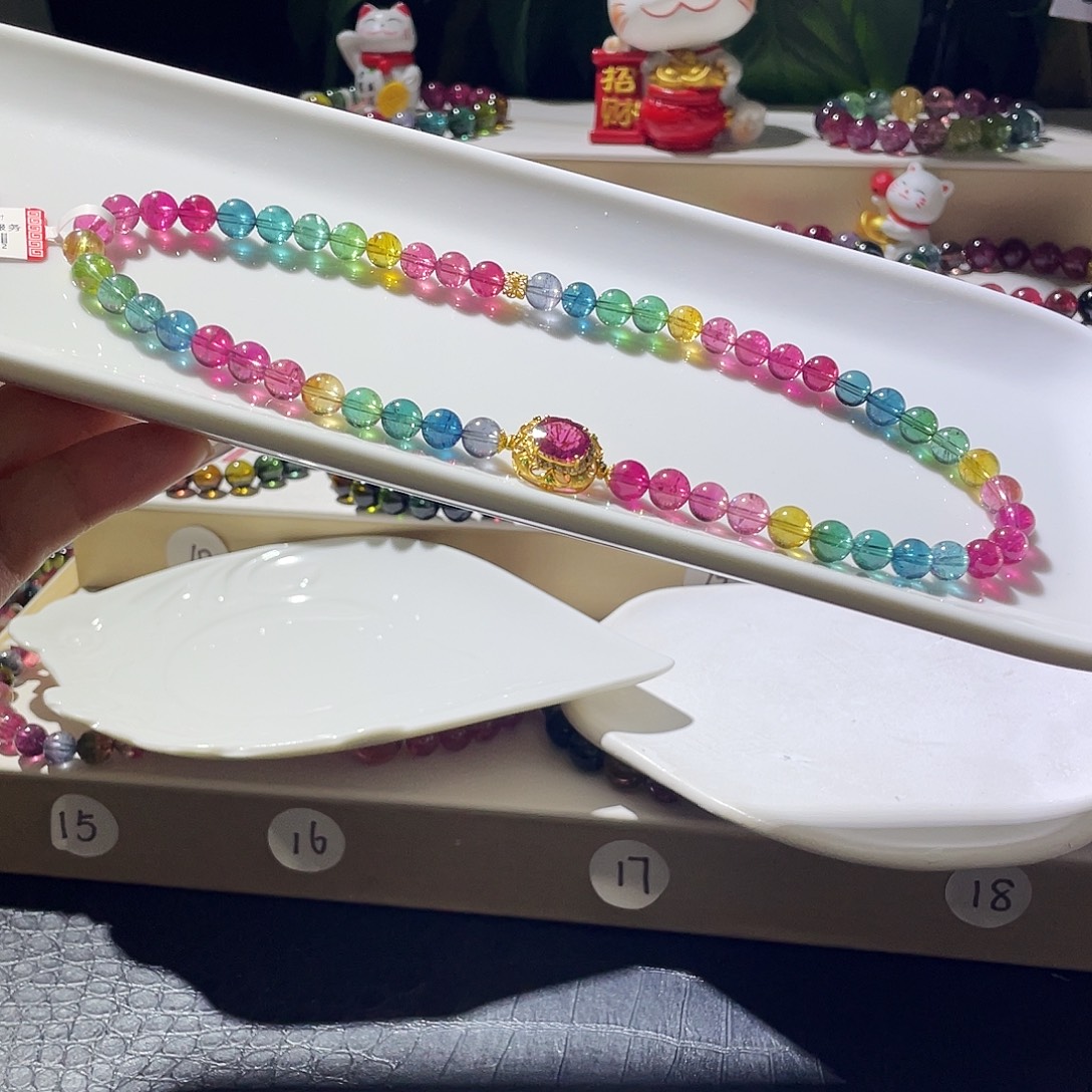 碧玺18K金镶嵌手链精品双圈艳丽色标➕18k金魔盒