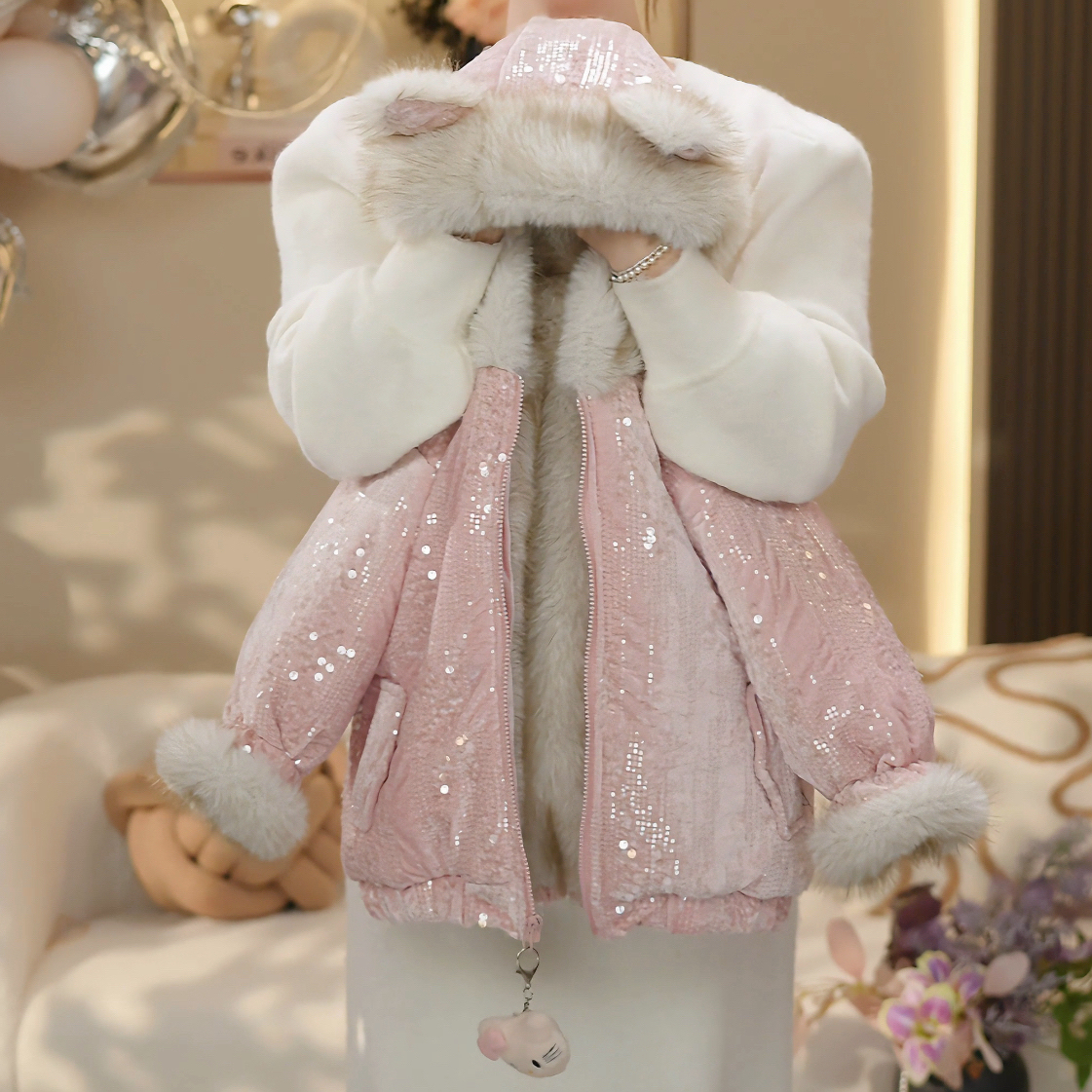 女童2025冬季新款洋气加毛加厚亮片连帽毛毛衣外套YY1139