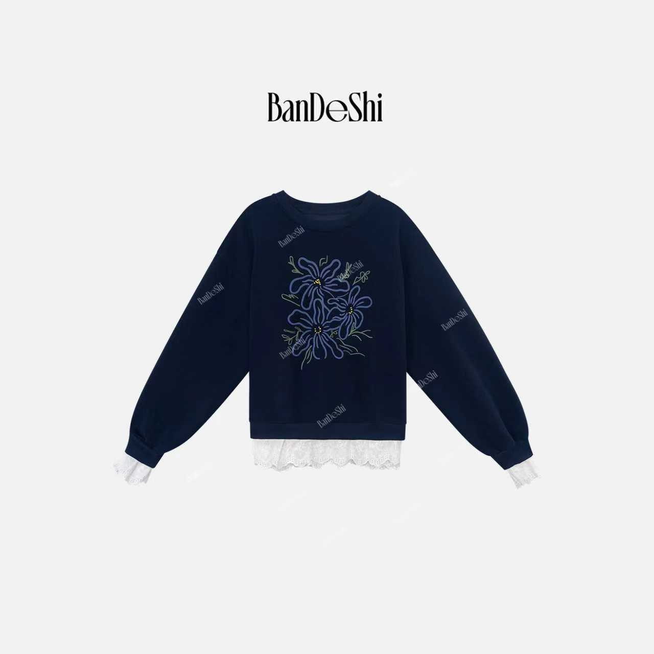 【C3541】#班德施-韩版短款蕾丝拼接春秋卫衣字母印花假两件上衣SH