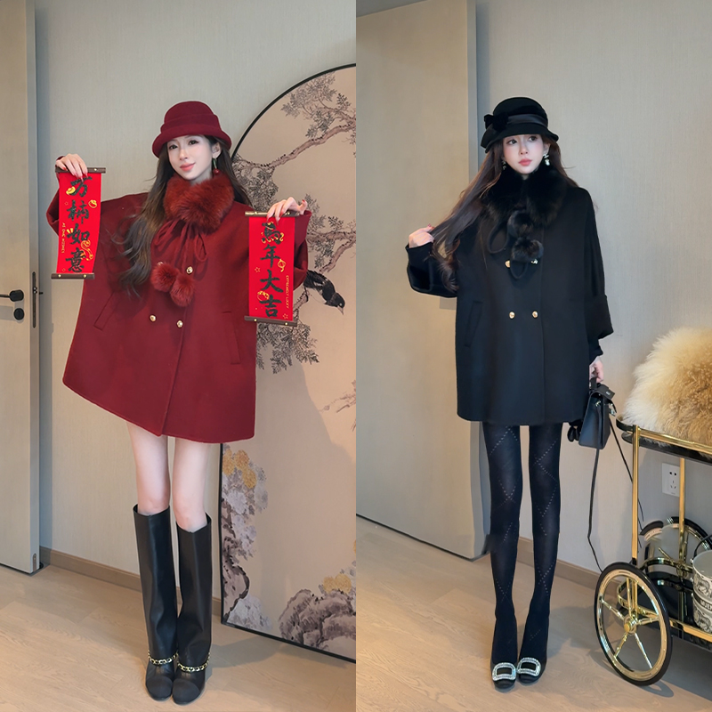 小雨姐姐【软山覆雪】时尚休闲设计感毛呢短袖口毛领外套女2025冬款