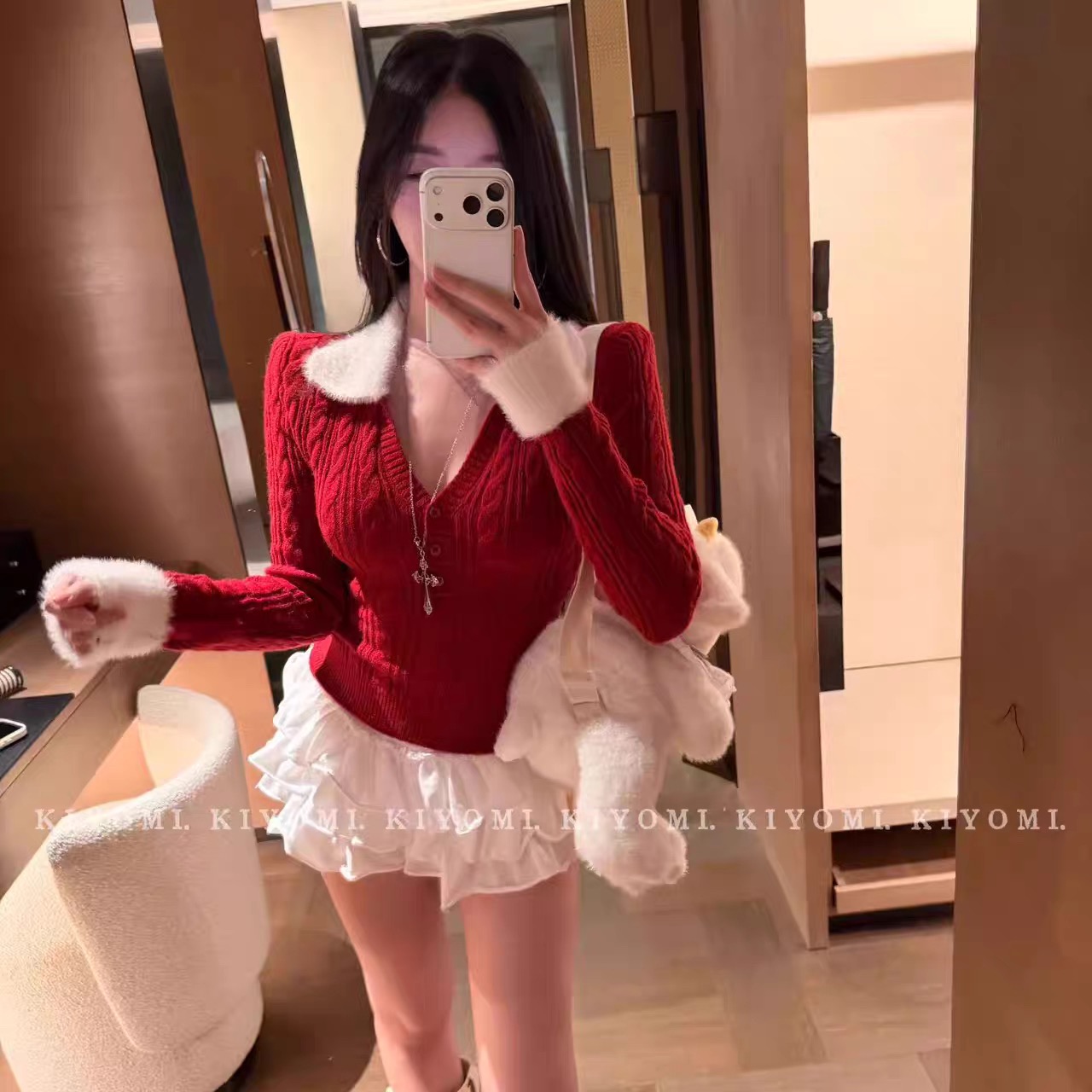 毛毛领拼接V领长袖麻花针织衫秋冬2025年修身显瘦毛衣上衣