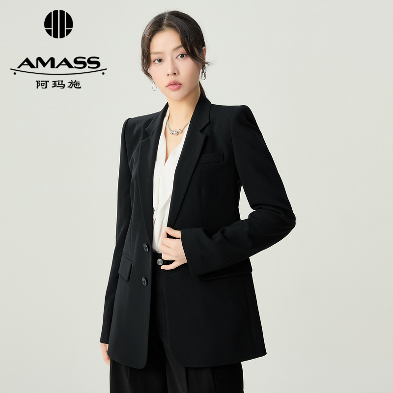 阿玛施AMASS经典通勤招牌面料翘肩西装外套黑色商务职业5400999