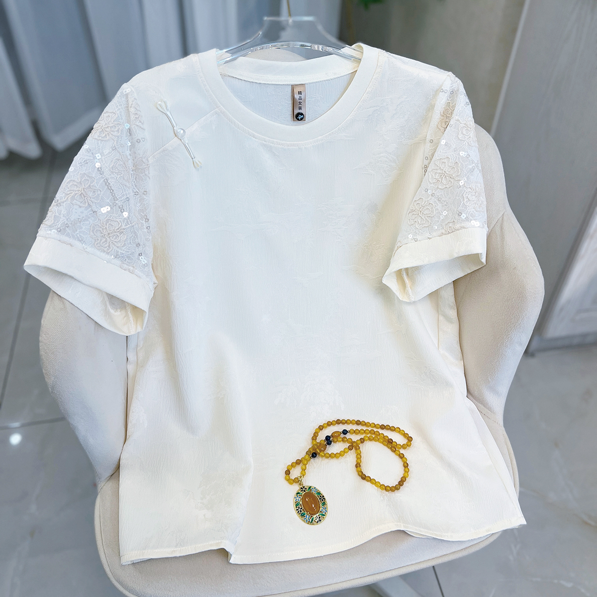【珠翠】2025新中式国风上衣新款夏季蕾丝刺绣百搭短袖T恤提花透气