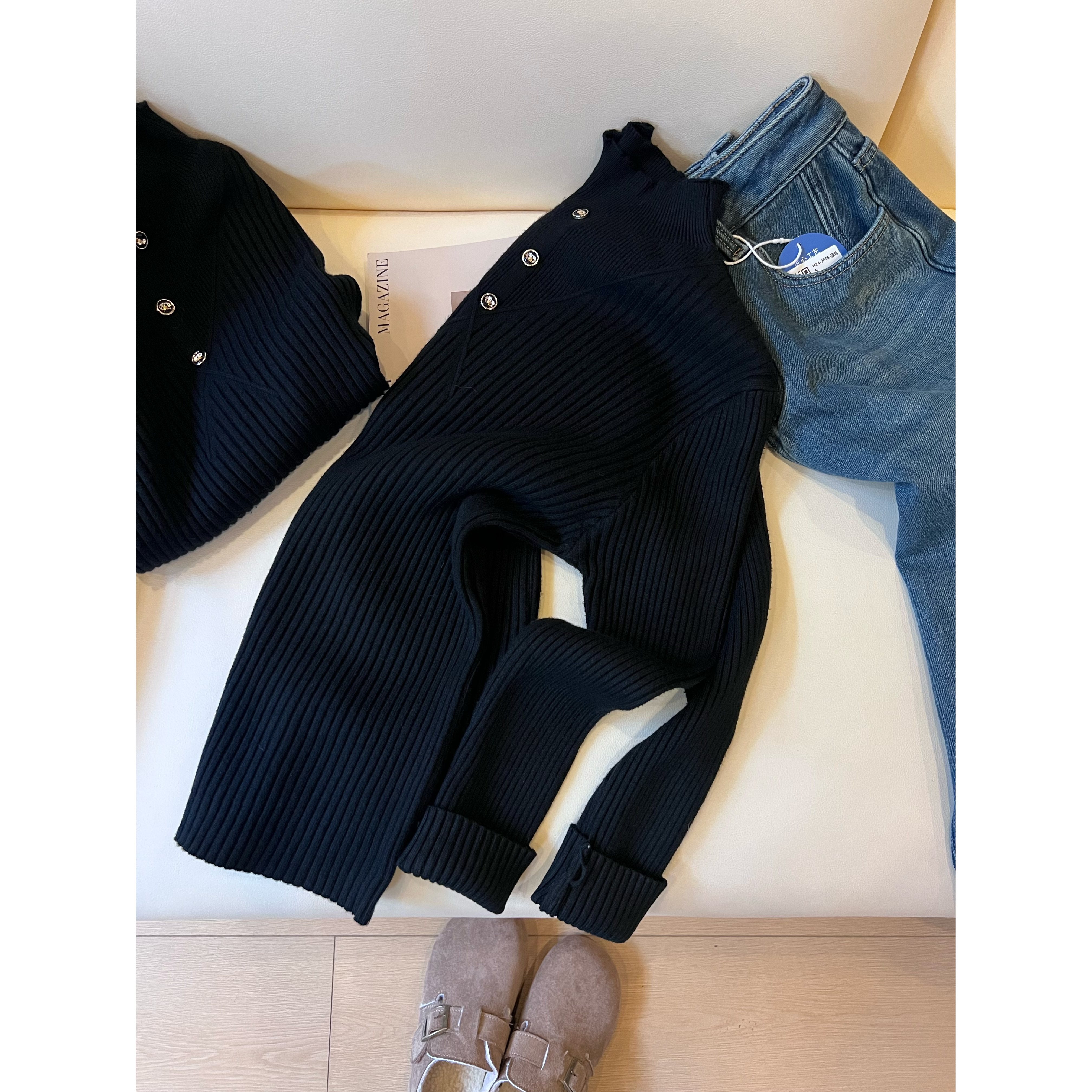 H17木耳边半高领套头毛衣女冬季长袖修身显瘦内搭保暖百搭打底衫