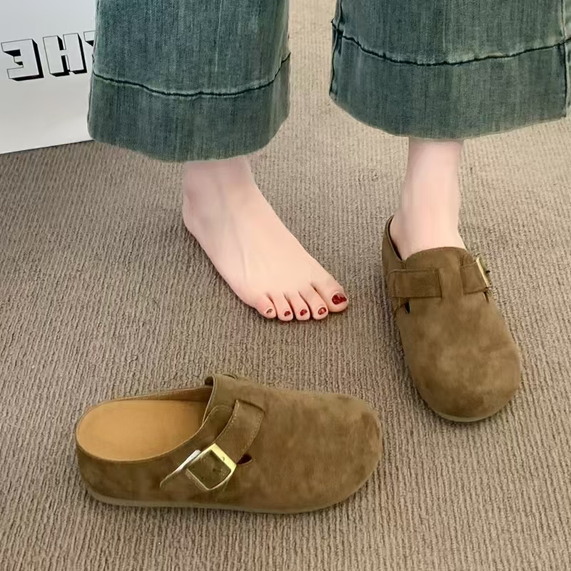 包头低跟纯色反绒包头拖咖色拖鞋凉拖凉鞋欧若假日风