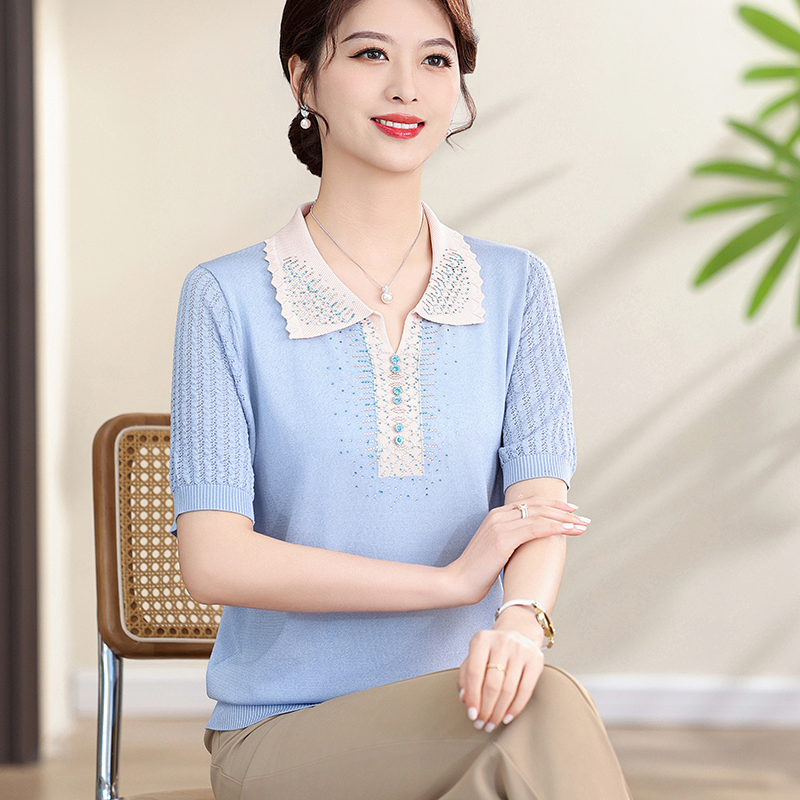 夏装时尚中老年妈妈装翻领针织衫洋气薄款上衣休闲女短袖纯色T恤