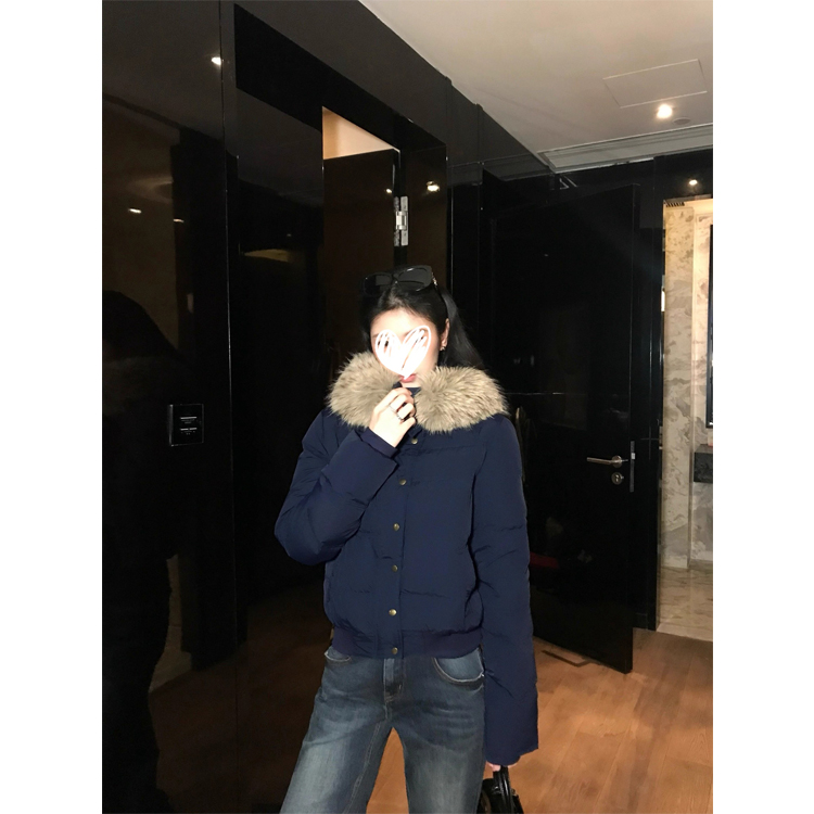 复古藏青色毛领羽绒服女冬季新款加厚保暖90白鸭绒面包服连帽外套