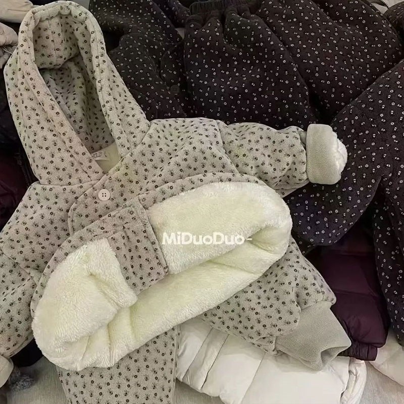 抗寒零下15度冬季儿童三层夹棉加绒加厚碎花保暖可外穿家居服套装