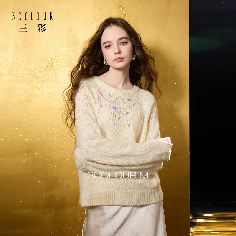 三彩2025冬季新款慵懒宽松珠片针织衫长袖套头衫上衣显瘦百搭M