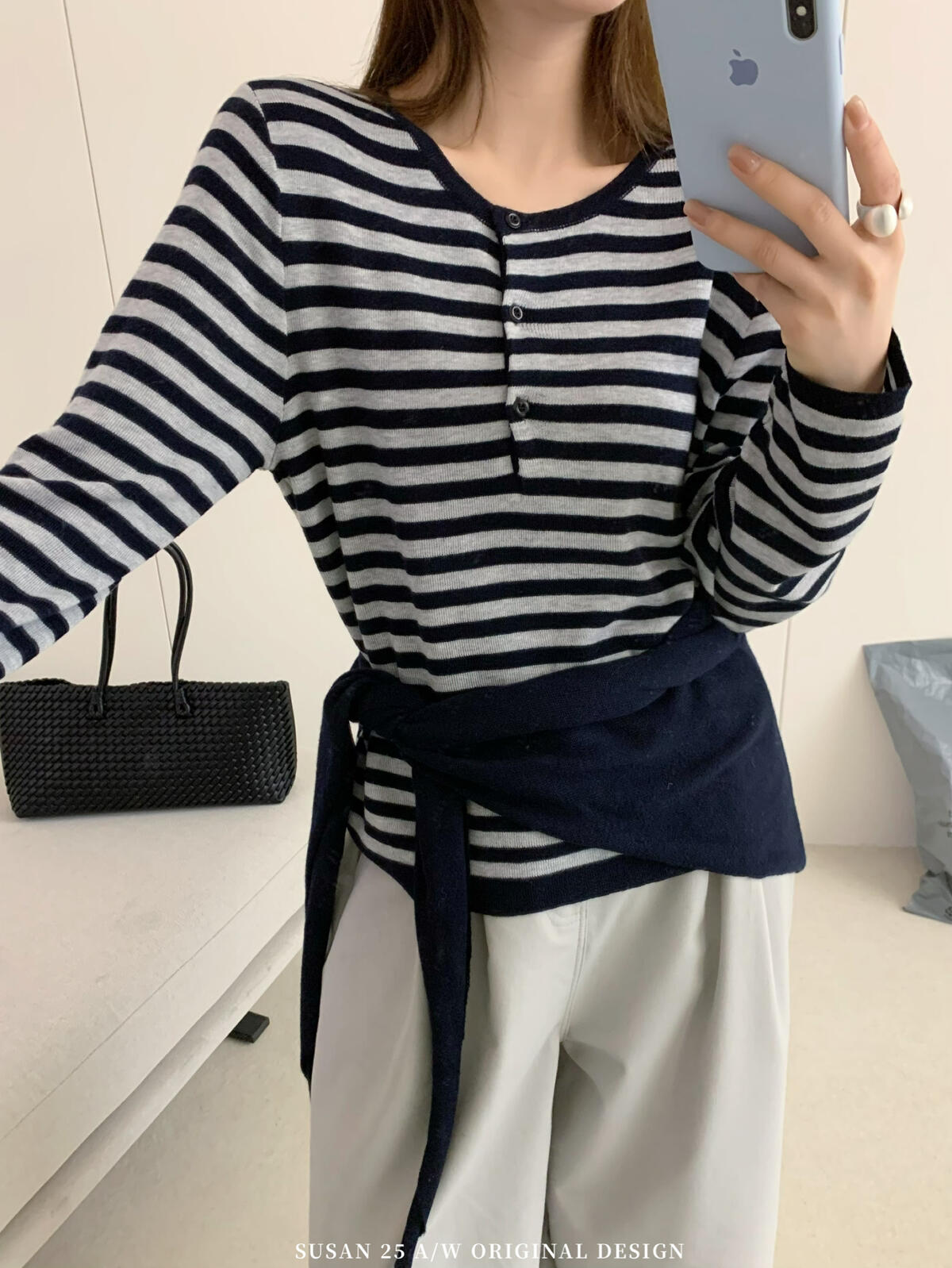 秋季软糯羊毛长袖套头款条纹针织衫两件套宽松上衣女装athflow风
