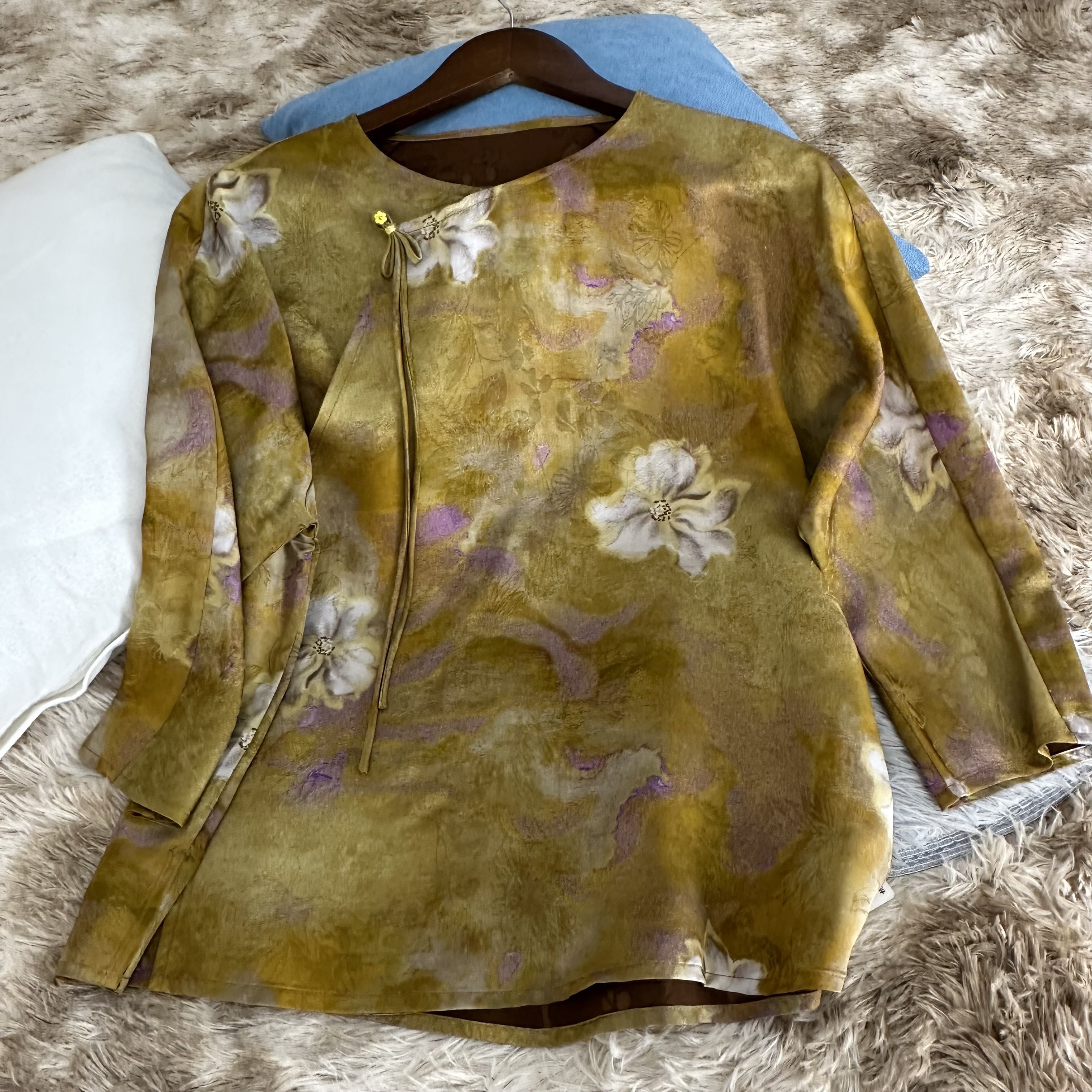 0068印花春季新中式植物花卉圆领衬衫黄色水墨双层网红